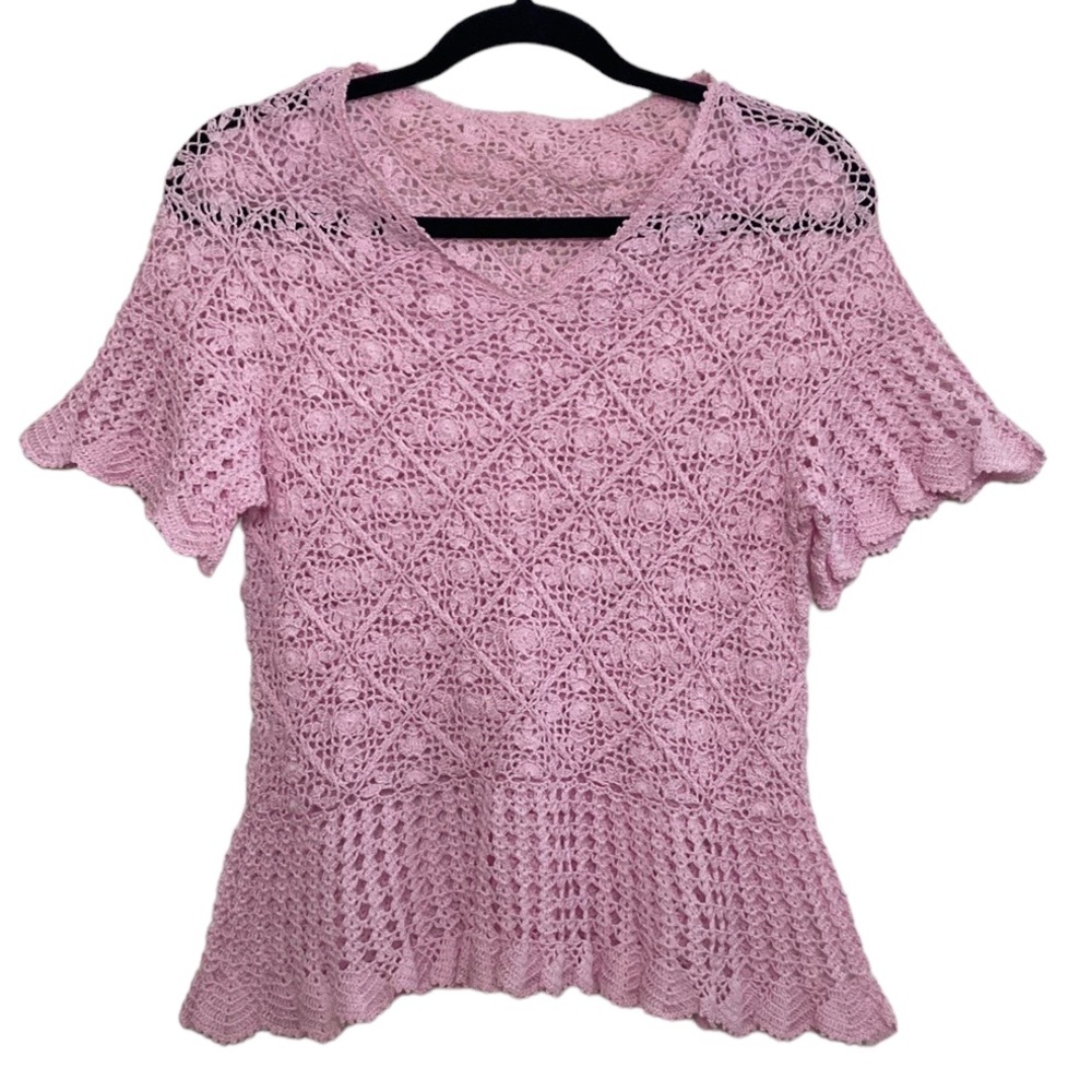 Handmade Top Women XS Pink Crochet Short Sleeve Lace Coquette Fairy Wearable Art